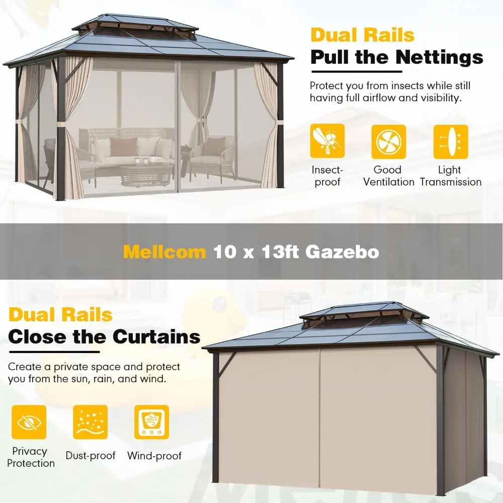 Permanent Outdoor Pavilion with Double Polycarbonate Roof, Aluminum Frame, Curtains, and Netti for 10x13 Hardtop Gazebo