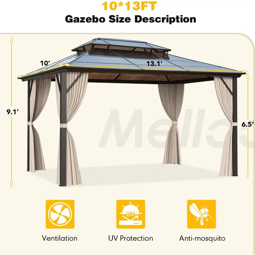 Permanent Outdoor Pavilion with Double Polycarbonate Roof, Aluminum Frame, Curtains, and Netti for 10x13 Hardtop Gazebo