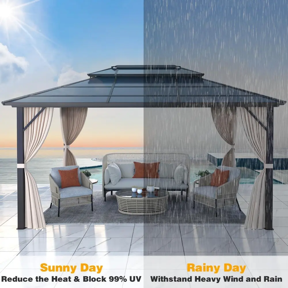 Permanent Outdoor Pavilion with Double Polycarbonate Roof, Aluminum Frame, Curtains, and Netti for 10x13 Hardtop Gazebo