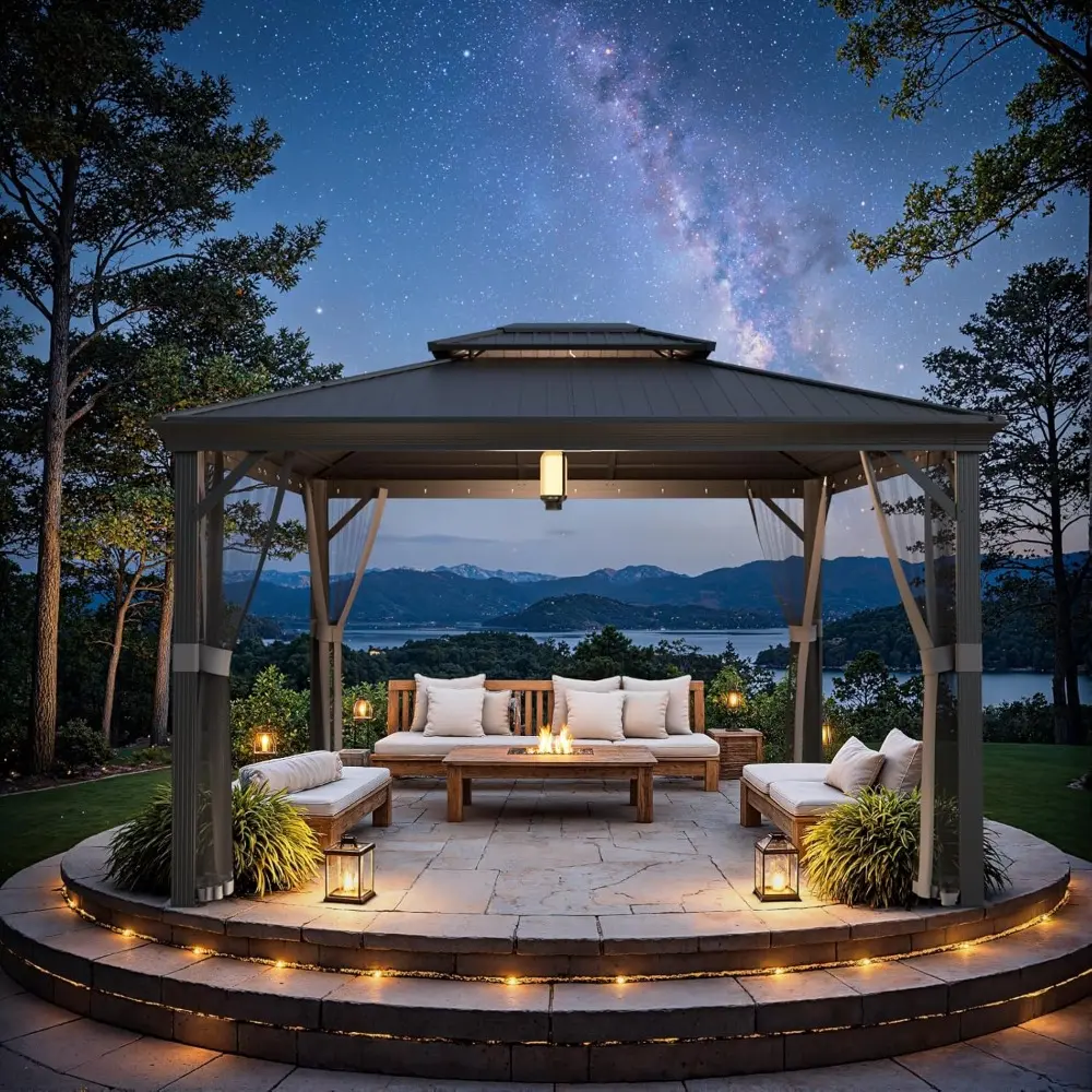 Aluminum Pergola with Double Polycarbonate Roof, Outdoor Permanent Pavilion, 10x13 Feet, Complete with Netting and Curtains