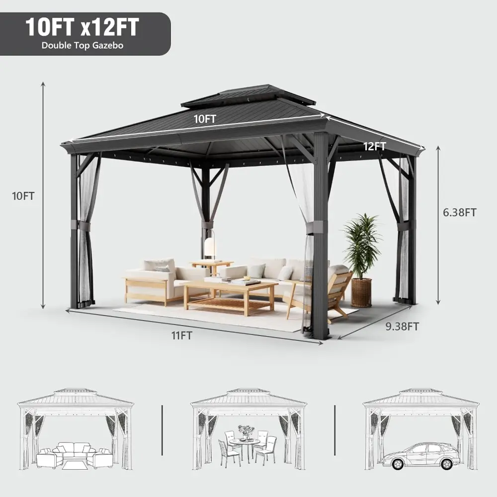 Aluminum Pergola with Double Polycarbonate Roof, Outdoor Permanent Pavilion, 10x13 Feet, Complete with Netting and Curtains
