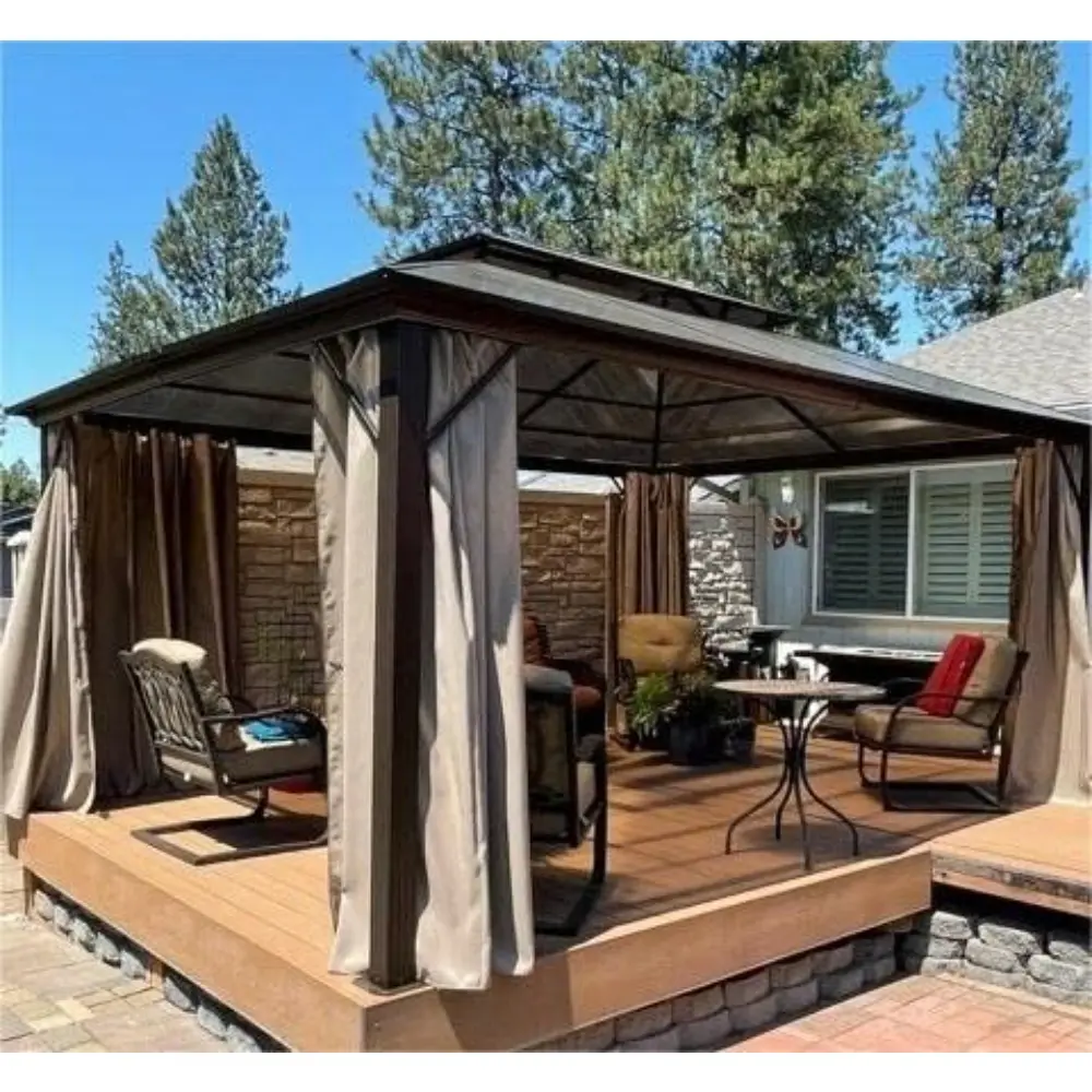 Aluminum Framed Hardtop Gazebo with Outdoor Polycarbonate Double Roof, Curtains, and Netting for Permanent Pavilion Use