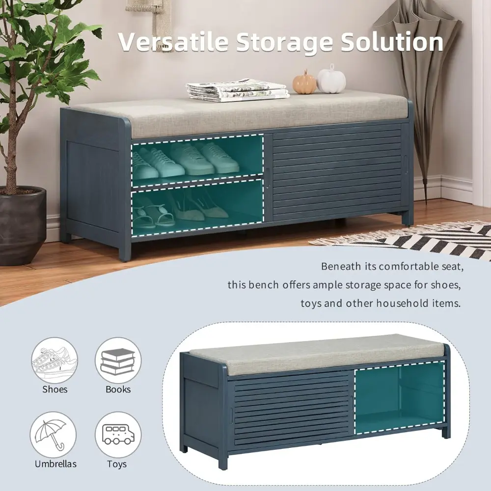 Shoe Bench, 2-Tier Entryway Bench with Storage, Shutter Shoe Storage Bench with Seat Cushion & Acacia Veneer, Shoe Rack Bench fo