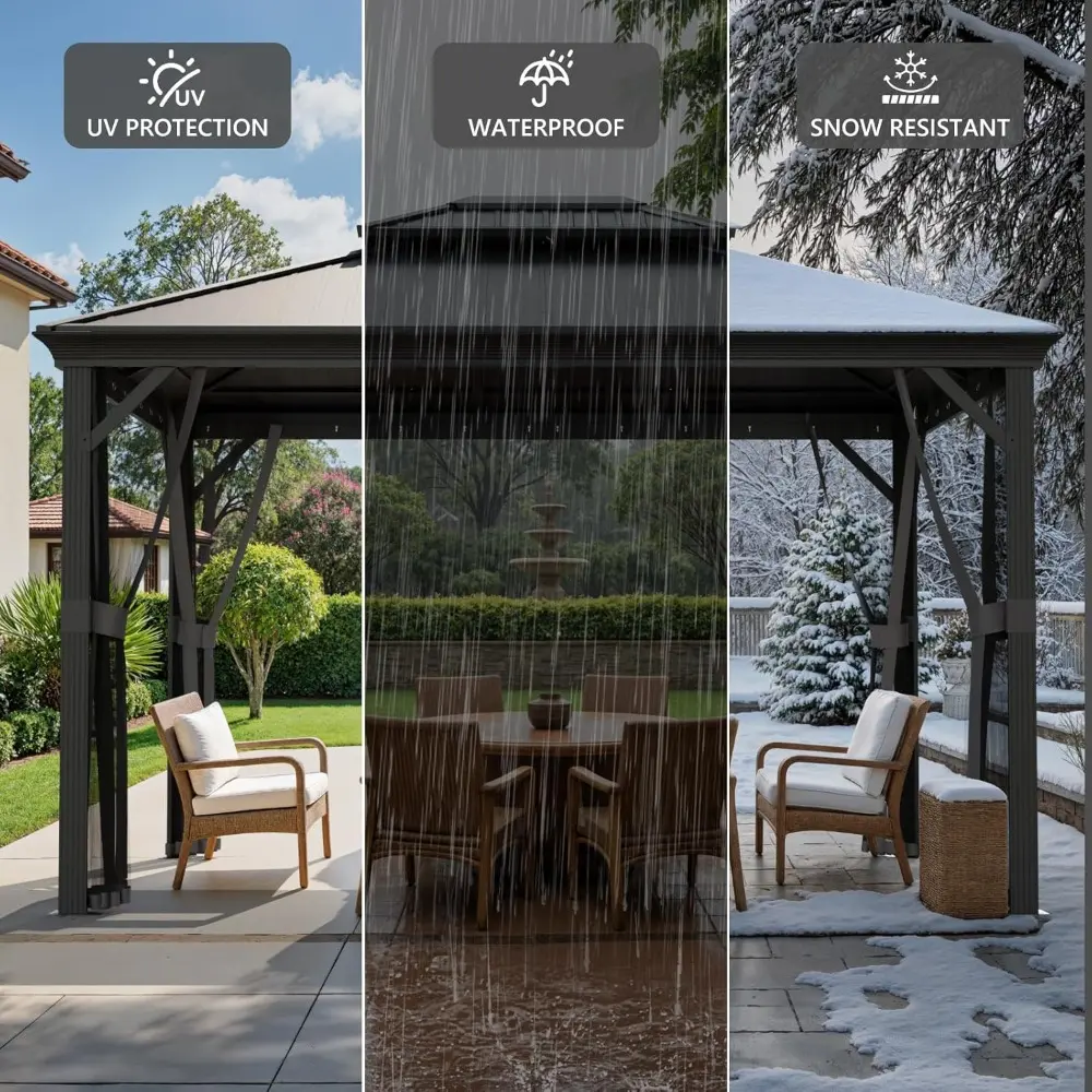 Aluminum Pergola with Double Polycarbonate Roof, Outdoor Permanent Pavilion, 10x13 Feet, Complete with Netting and Curtains