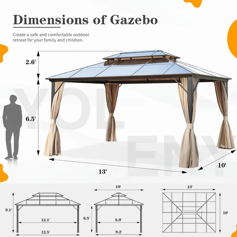 Aluminum Framed Hardtop Gazebo with Outdoor Polycarbonate Double Roof, Curtains, and Netting for Permanent Pavilion Use