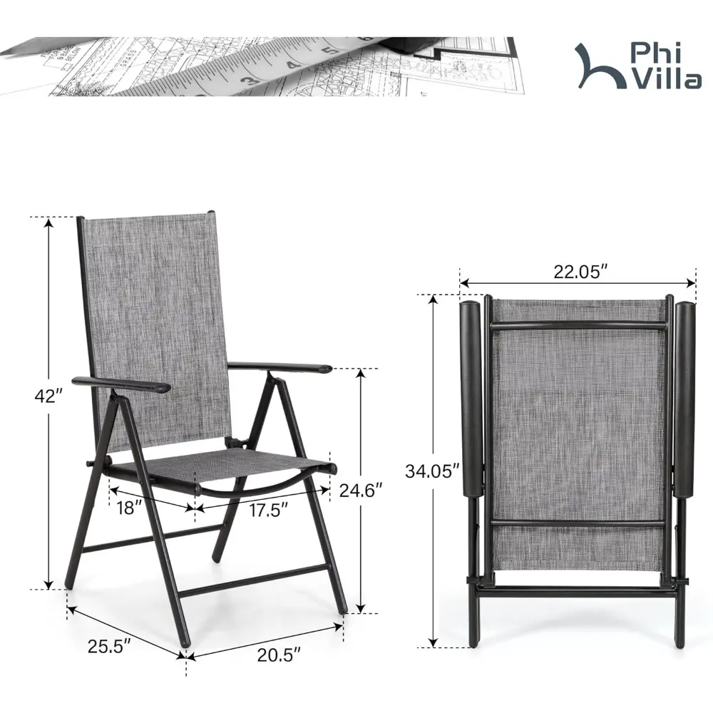 Patio Folding Chairs Set of 4, Portable Outdoor Dining Chairs with Adjustable Backrest for Outside, Garden, Lawn & Yard, No Ass