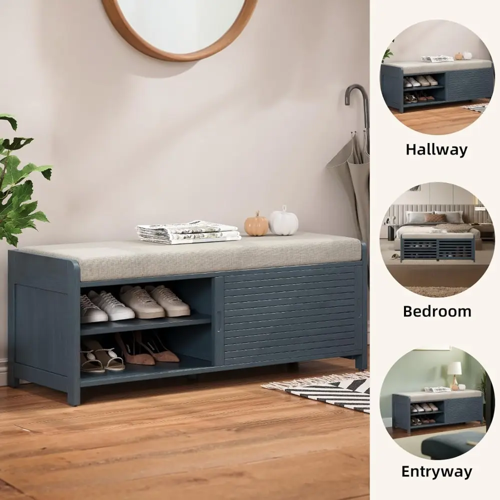 Shoe Bench, 2-Tier Entryway Bench with Storage, Shutter Shoe Storage Bench with Seat Cushion & Acacia Veneer, Shoe Rack Bench fo