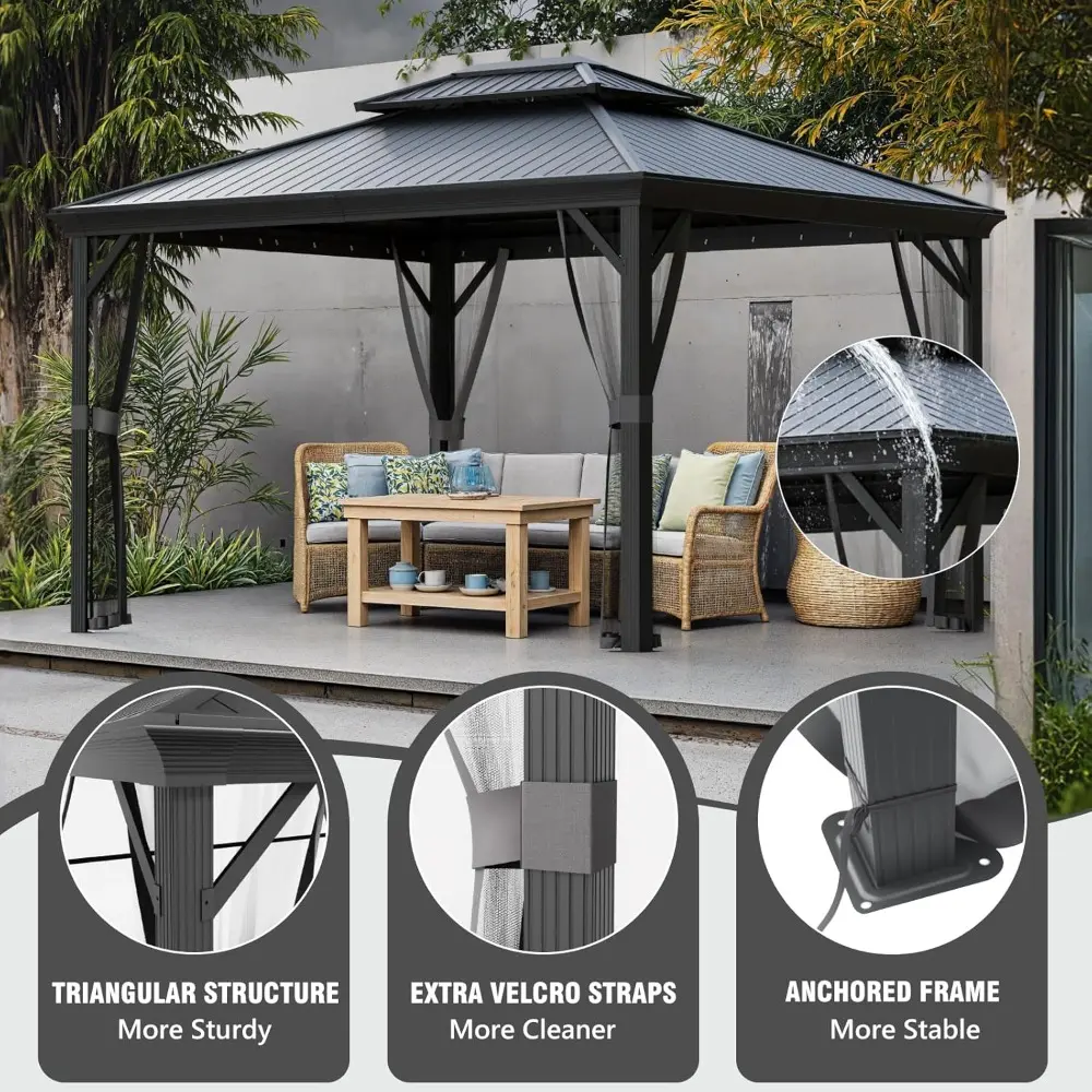 Aluminum Pergola with Double Polycarbonate Roof, Outdoor Permanent Pavilion, 10x13 Feet, Complete with Netting and Curtains