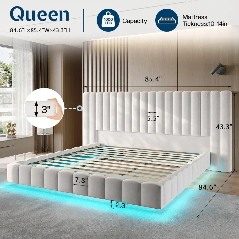 Jocisland Queen Bed Frame with LED Lights and Upholstered Oversized Headboard, Modern Velvet Platform with Floating Design, No B