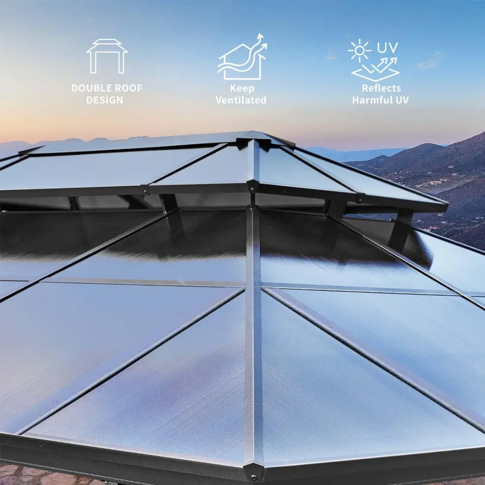 Aluminum Framed Hardtop Gazebo with Outdoor Polycarbonate Double Roof, Curtains, and Netting for Permanent Pavilion Use