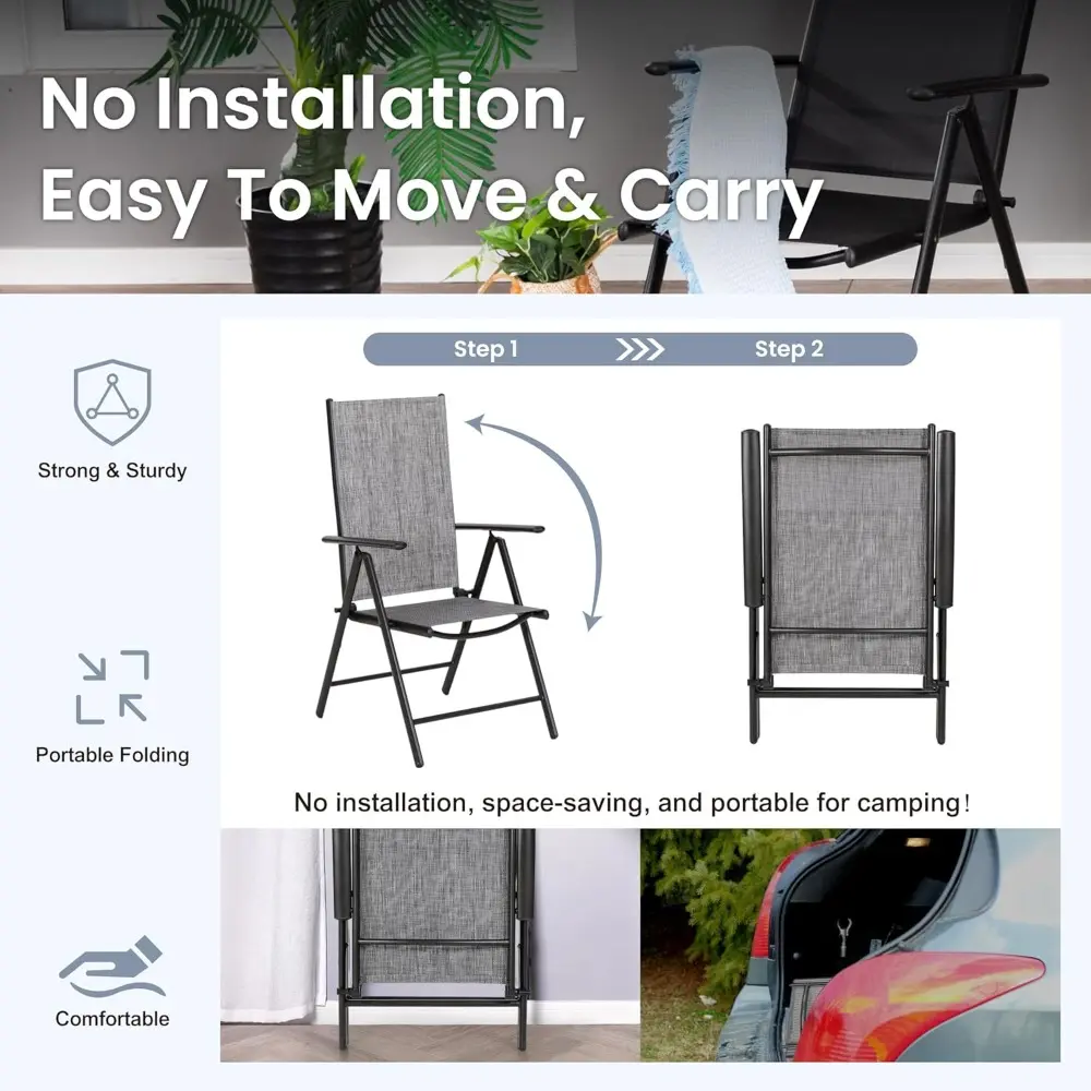 Patio Folding Chairs Set of 4, Portable Outdoor Dining Chairs with Adjustable Backrest for Outside, Garden, Lawn & Yard, No Ass