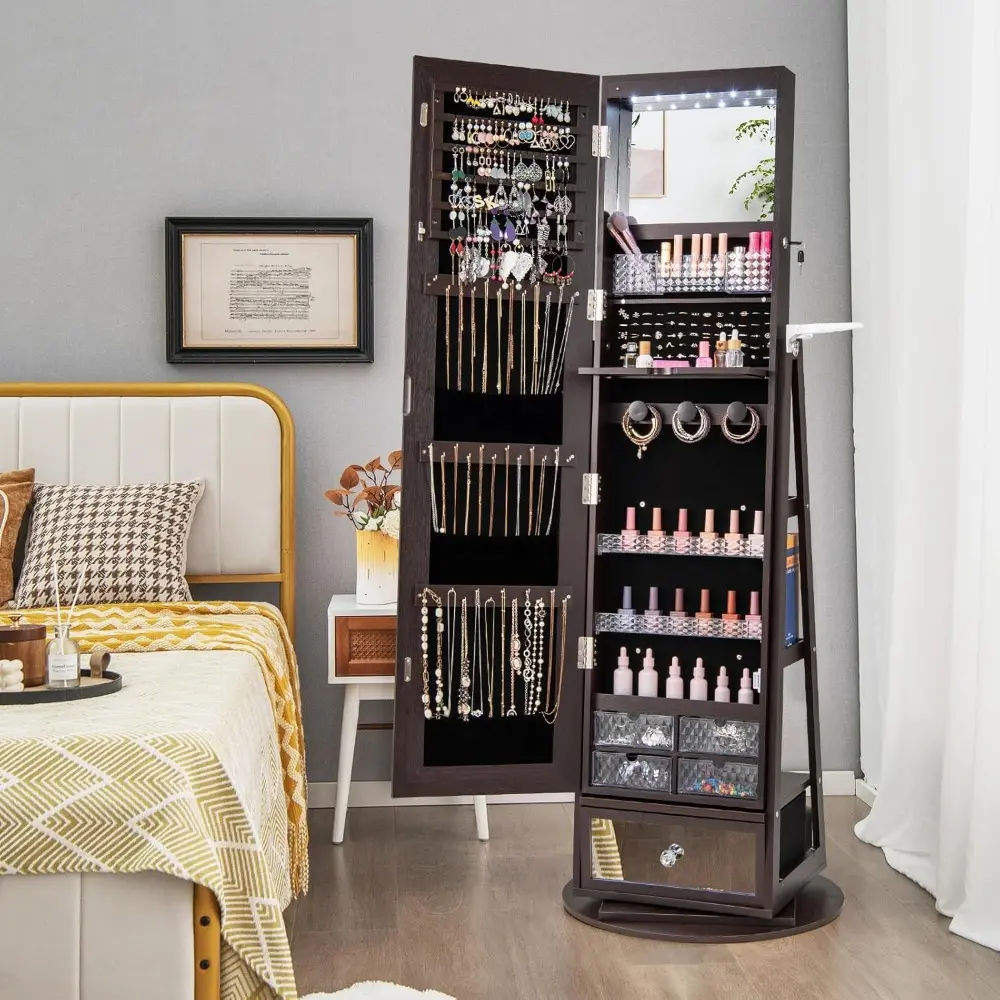 360° Swivel Jewelry Cabinet Armoire 64.5" H, Full Length Mirror with Jewelry Storage, 6 LEDs Lockable Jewelry Organizer, Rear S