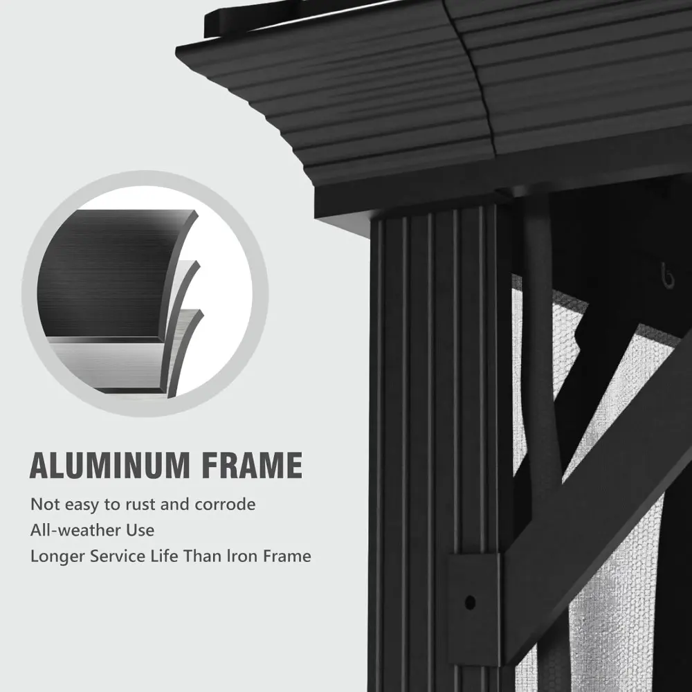 Aluminum Pergola with Double Polycarbonate Roof, Outdoor Permanent Pavilion, 10x13 Feet, Complete with Netting and Curtains