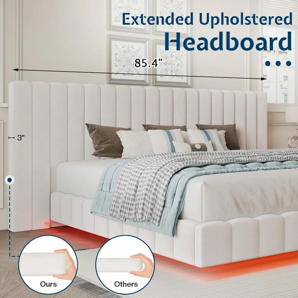 Jocisland Queen Bed Frame with LED Lights and Upholstered Oversized Headboard, Modern Velvet Platform with Floating Design, No B