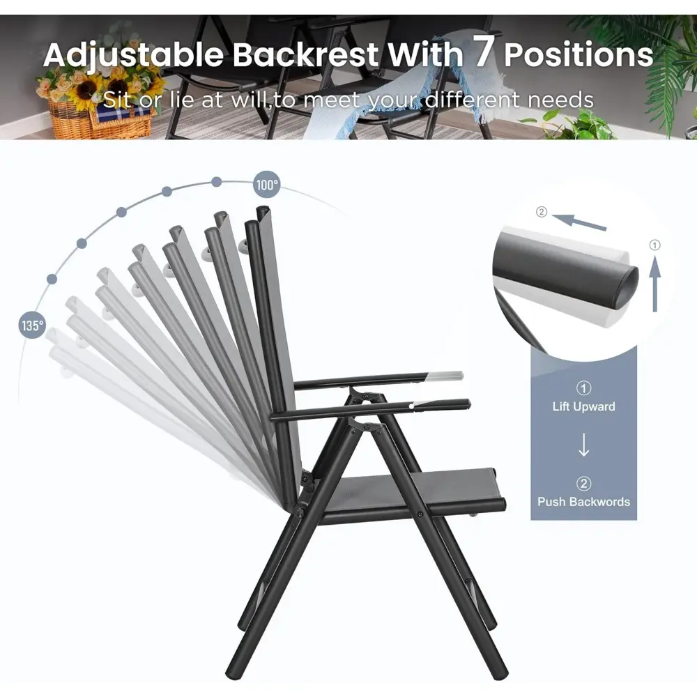 Patio Folding Chairs Set of 4, Portable Outdoor Dining Chairs with Adjustable Backrest for Outside, Garden, Lawn & Yard, No Ass
