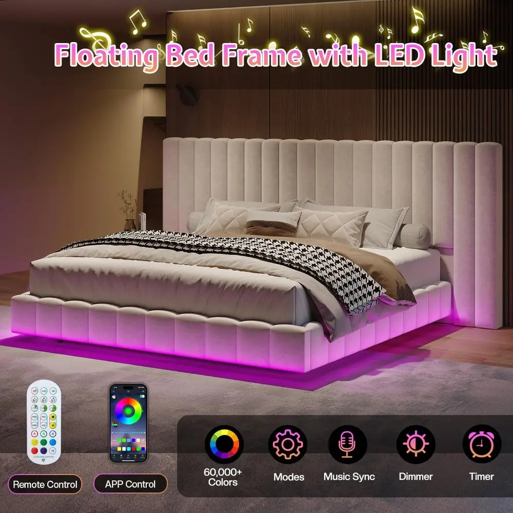 Jocisland Queen Bed Frame with LED Lights and Upholstered Oversized Headboard, Modern Velvet Platform with Floating Design, No B