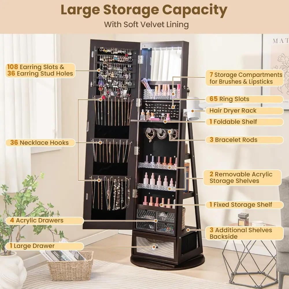 360° Swivel Jewelry Cabinet Armoire 64.5" H, Full Length Mirror with Jewelry Storage, 6 LEDs Lockable Jewelry Organizer, Rear S