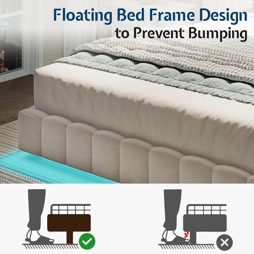 Jocisland Queen Bed Frame with LED Lights and Upholstered Oversized Headboard, Modern Velvet Platform with Floating Design, No B