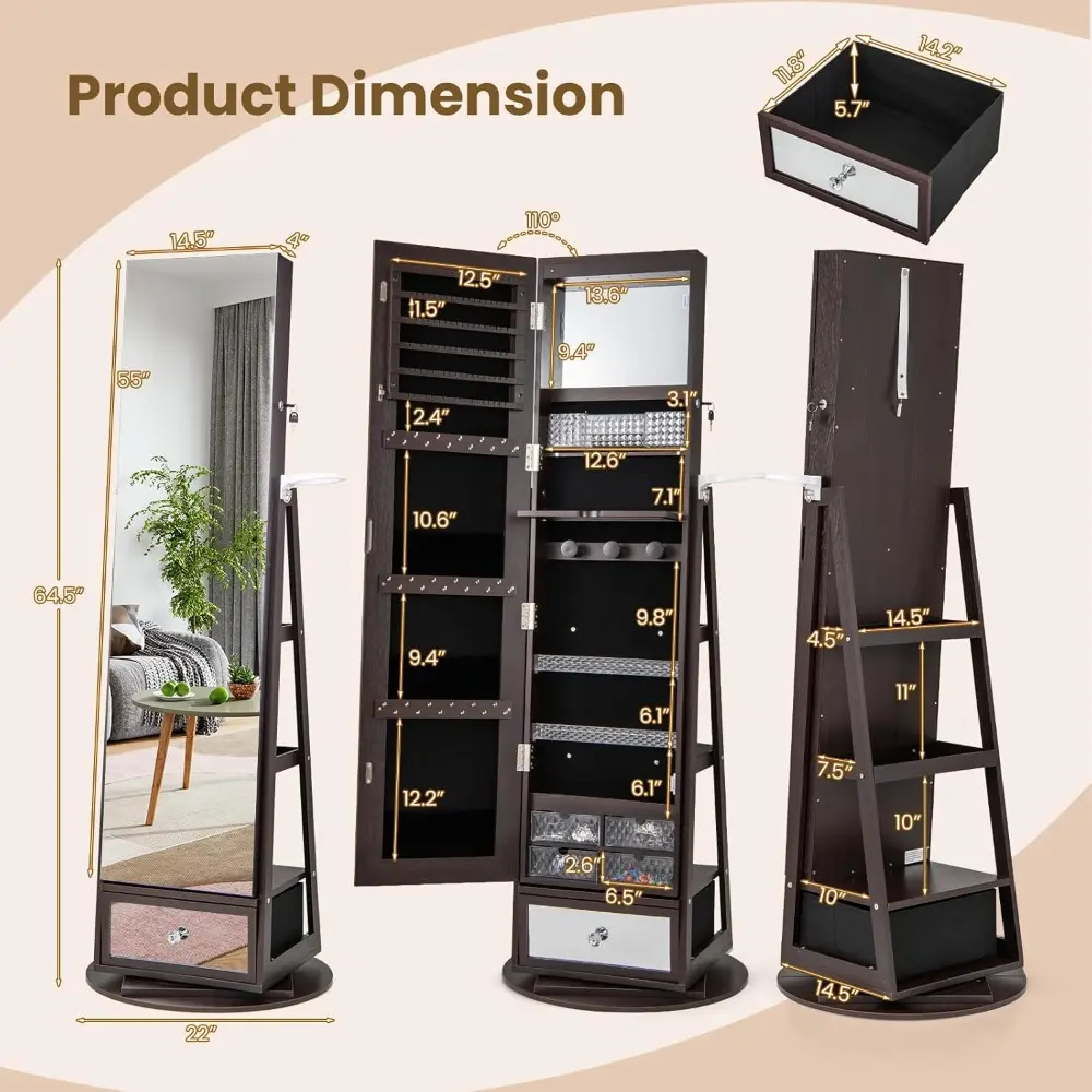 360° Swivel Jewelry Cabinet Armoire 64.5" H, Full Length Mirror with Jewelry Storage, 6 LEDs Lockable Jewelry Organizer, Rear S