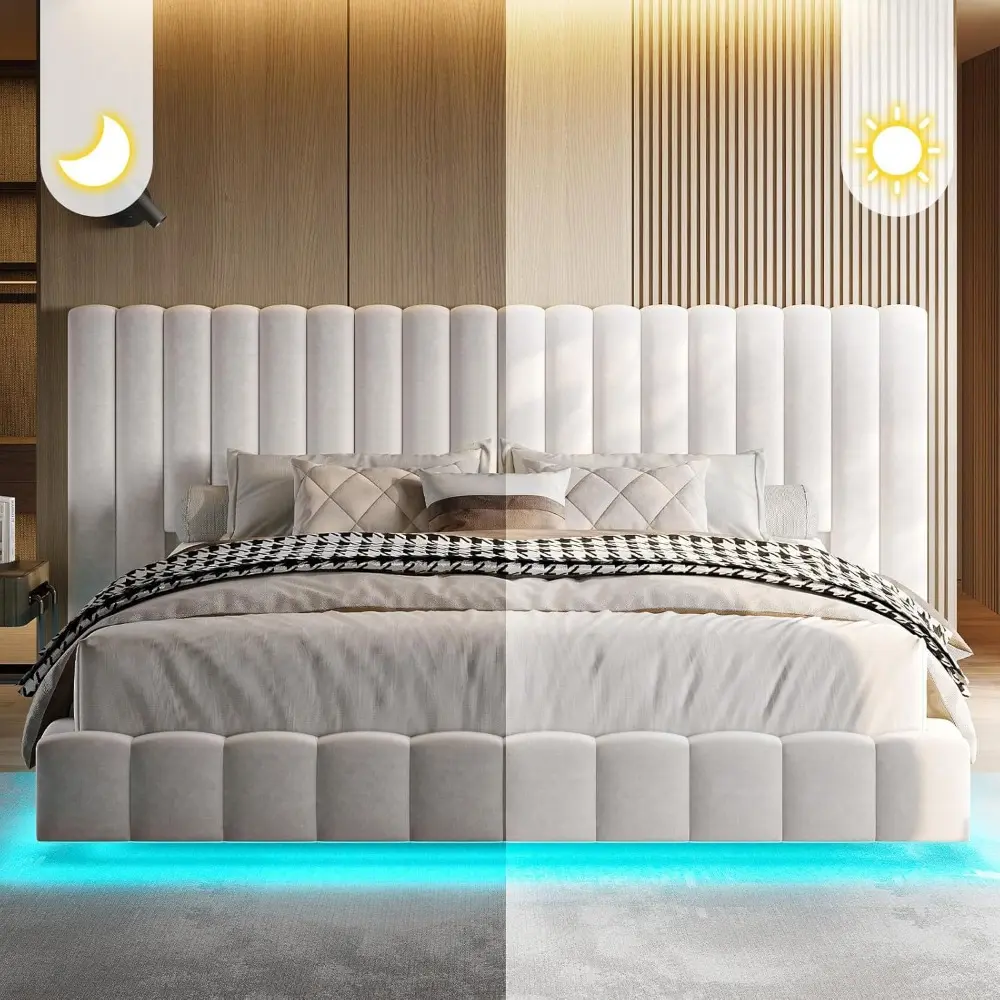 Jocisland Queen Bed Frame with LED Lights and Upholstered Oversized Headboard, Modern Velvet Platform with Floating Design, No B