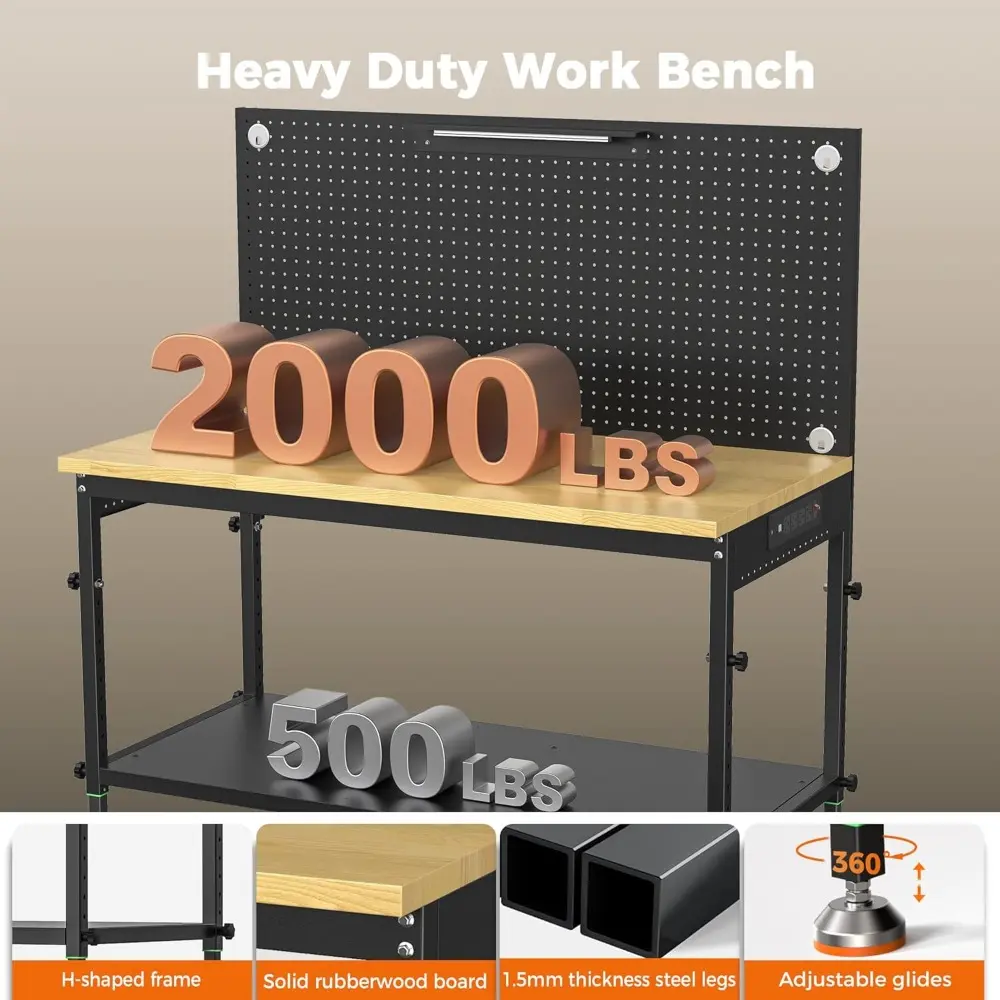 48" Heavy Duty Work Bench Adjustable Height Max Load 2000 LBS with Storage Shelf for Garage Workbench, Rubberwood Tabletop with