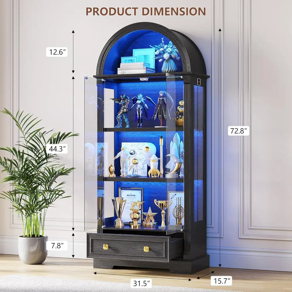 Black Curio Cabinet with Glass Doors, 72" Tall Arched Display Cabinet with Human Sensor Lights, 4-Tier Display Case for Collecti