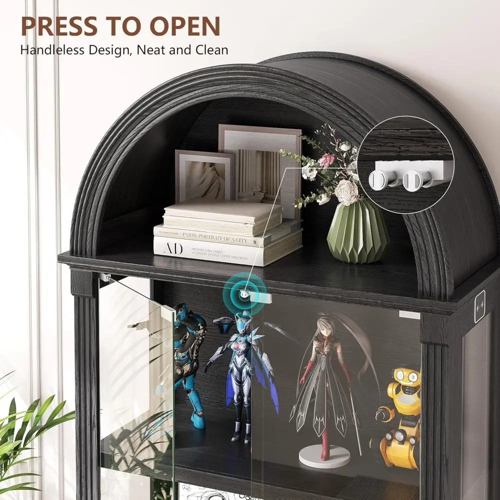 Black Curio Cabinet with Glass Doors, 72" Tall Arched Display Cabinet with Human Sensor Lights, 4-Tier Display Case for Collecti