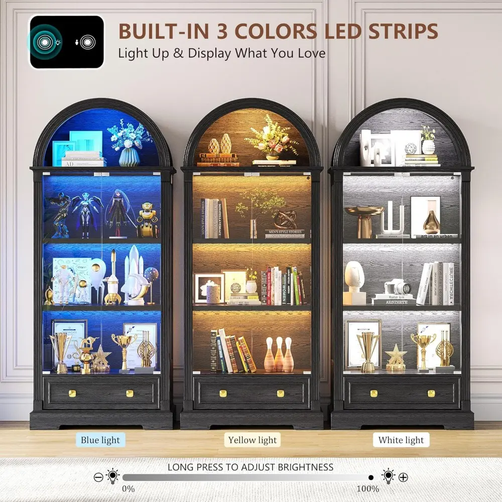 Black Curio Cabinet with Glass Doors, 72" Tall Arched Display Cabinet with Human Sensor Lights, 4-Tier Display Case for Collecti