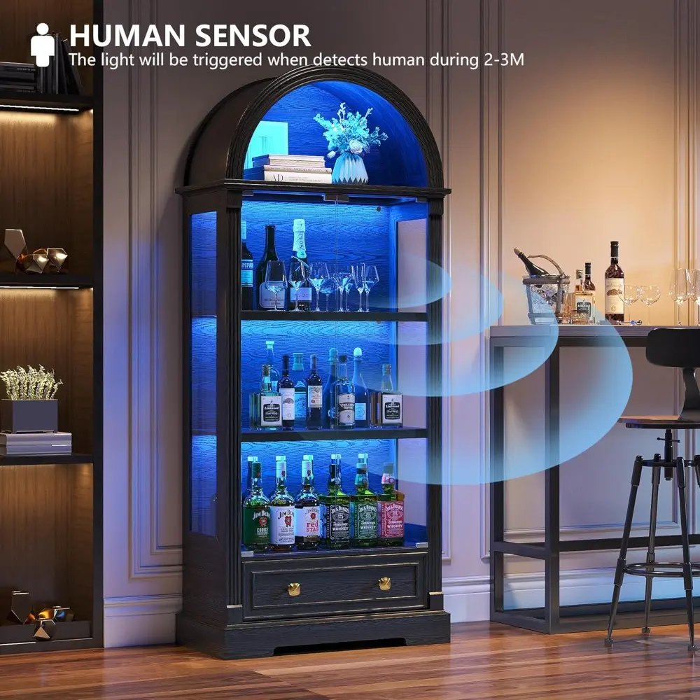 Black Curio Cabinet with Glass Doors, 72" Tall Arched Display Cabinet with Human Sensor Lights, 4-Tier Display Case for Collecti
