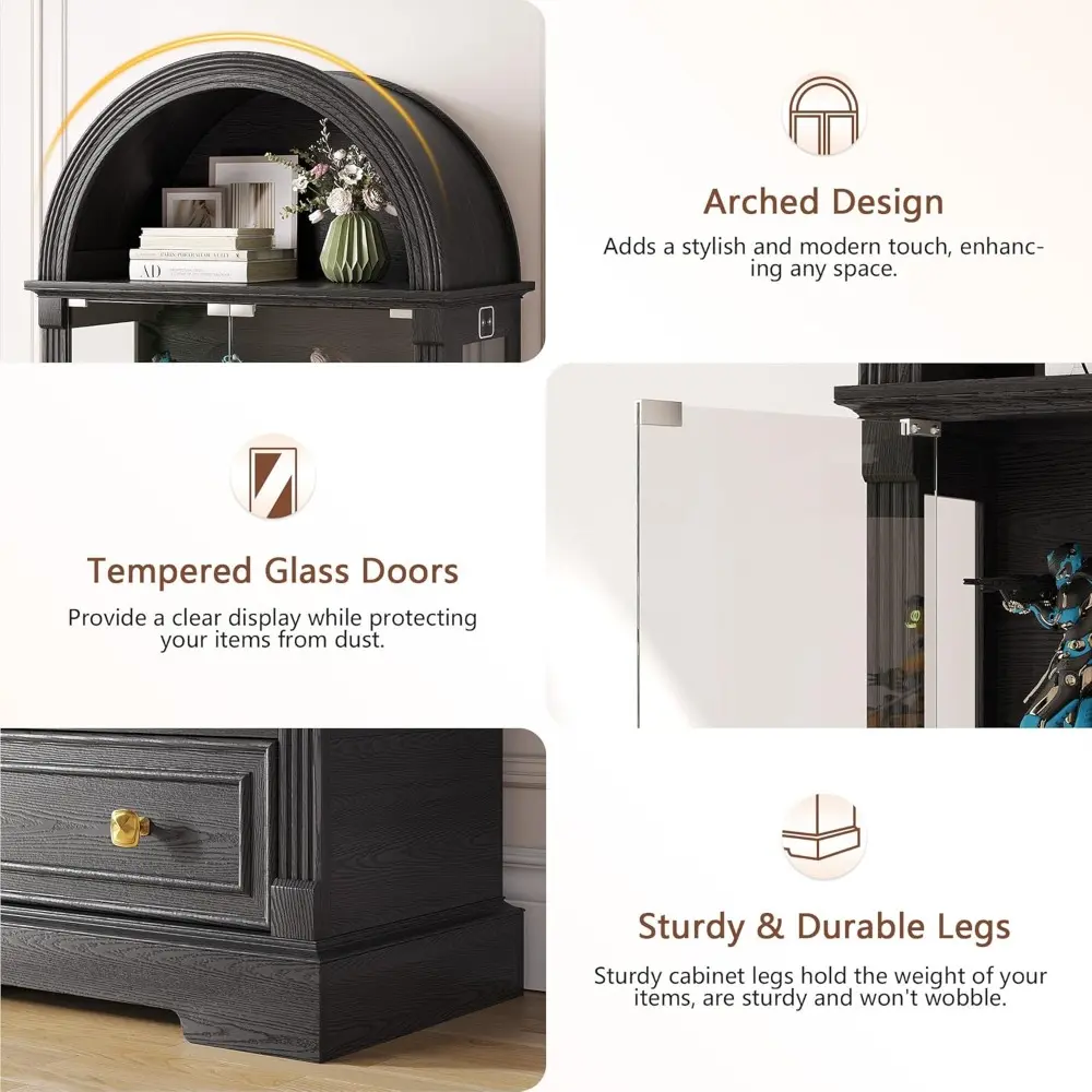 Black Curio Cabinet with Glass Doors, 72" Tall Arched Display Cabinet with Human Sensor Lights, 4-Tier Display Case for Collecti