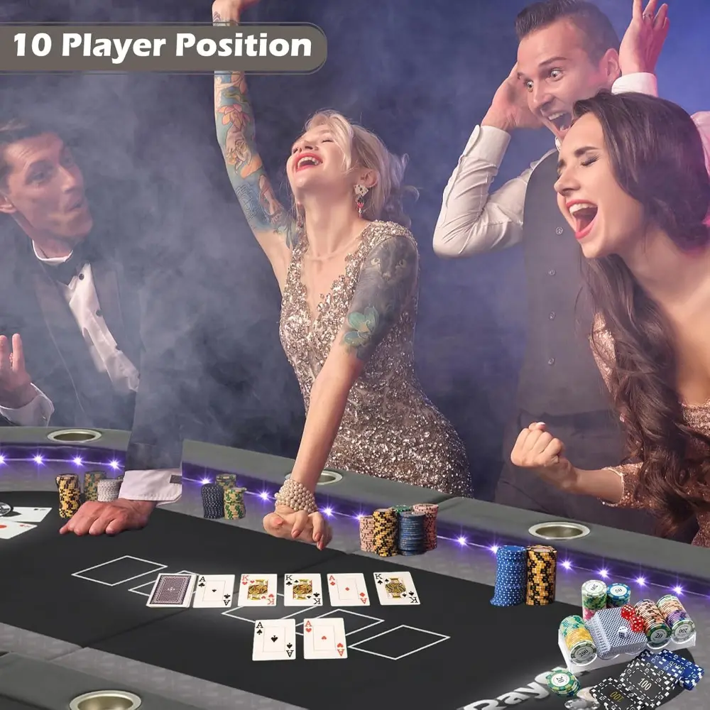 LED Poker Table, 10 Player Foldable Texas Holdem Table w/Inlaid LED Light, 2 USB & 2 Type-c Ports, Portable Blackjac for Texas C
