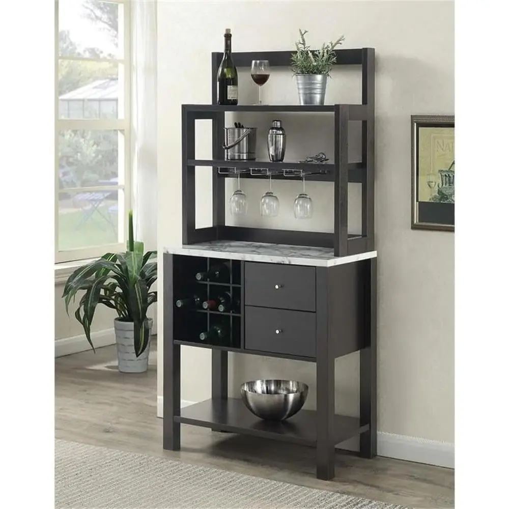 Newport Serving Cart Modern Storage Bar Cabinet with Drawers, Wine Rack for Kitchen, Dining Room, 31", Black Faux Marble/Espres