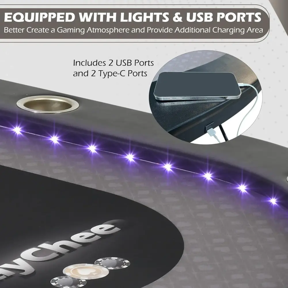 LED Poker Table, 10 Player Foldable Texas Holdem Table w/Inlaid LED Light, 2 USB & 2 Type-c Ports, Portable Blackjac for Texas C