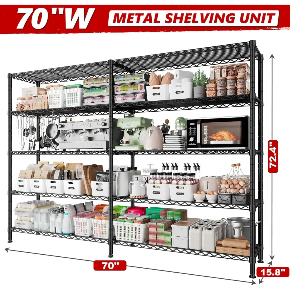 70" W Storage Shelves Load 1600LBS, Metal Shelving 5-Tier Wire Shelving Unit Metal Shelves for Storage Adjustable Shelving Rack