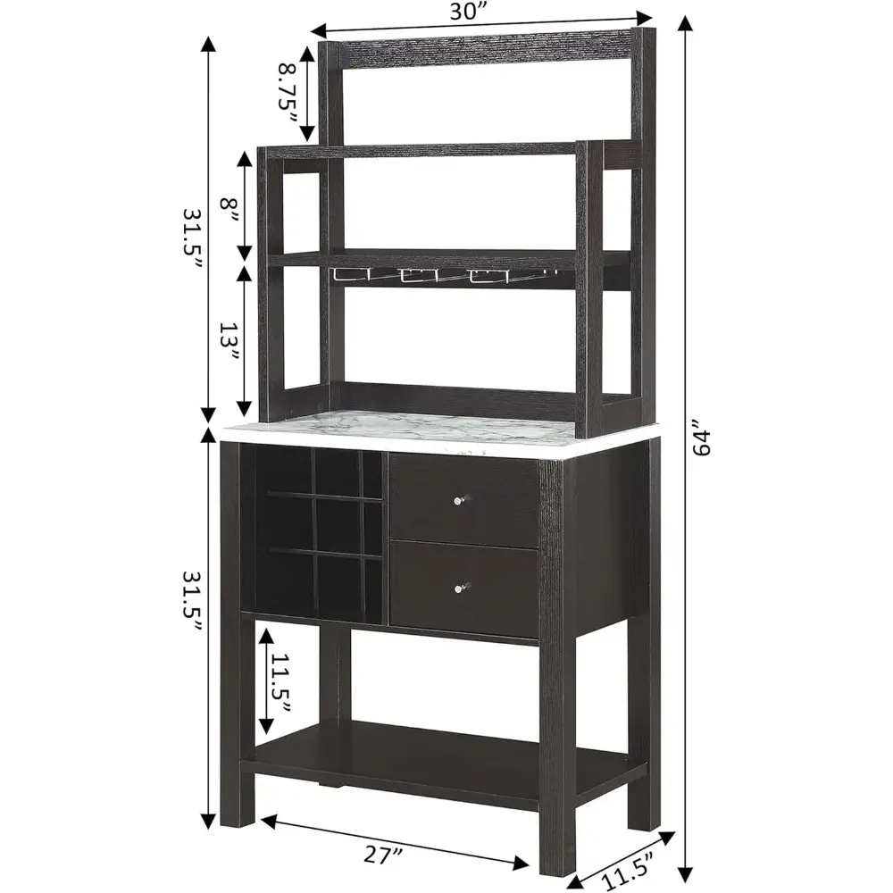 Newport Serving Cart Modern Storage Bar Cabinet with Drawers, Wine Rack for Kitchen, Dining Room, 31", Black Faux Marble/Espres