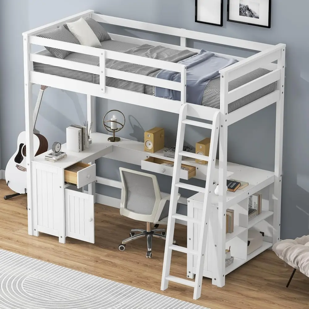 Merax Twin Size Loft Bed, Wood Twin Loft Bed Frame with U-Shaped Desk, Cabinet, Drawers and Storage Shelves, White