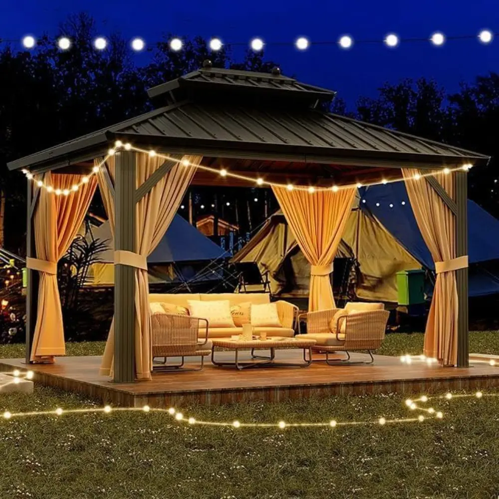 Aluminum Framed 12x10 Hardtop Gazebo with Double Roof, Netting, and Curtains for Outdoor Garden and Patio Pavilion