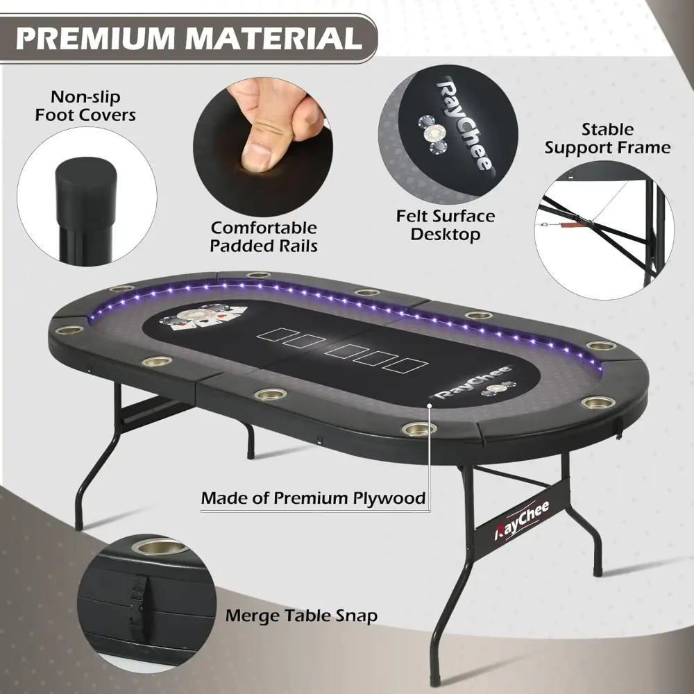 LED Poker Table, 10 Player Foldable Texas Holdem Table w/Inlaid LED Light, 2 USB & 2 Type-c Ports, Portable Blackjac for Texas C