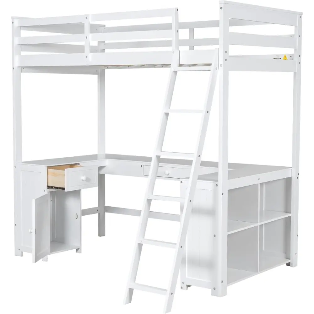 Merax Twin Size Loft Bed, Wood Twin Loft Bed Frame with U-Shaped Desk, Cabinet, Drawers and Storage Shelves, White