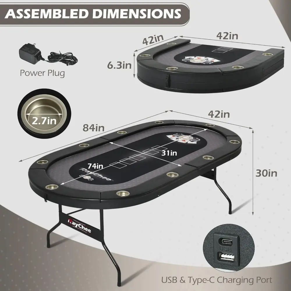 LED Poker Table, 10 Player Foldable Texas Holdem Table w/Inlaid LED Light, 2 USB & 2 Type-c Ports, Portable Blackjac for Texas C