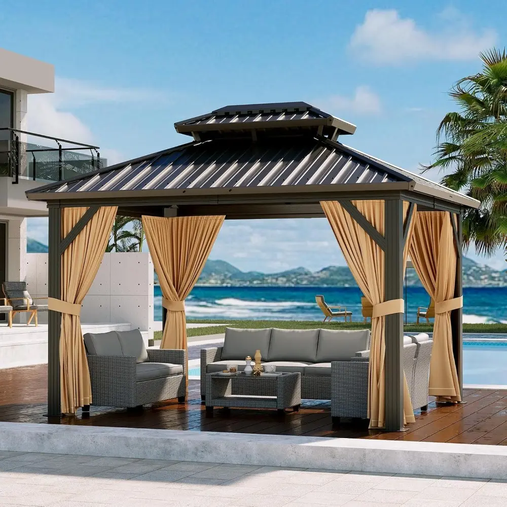Aluminum Framed 12x10 Hardtop Gazebo with Double Roof, Netting, and Curtains for Outdoor Garden and Patio Pavilion