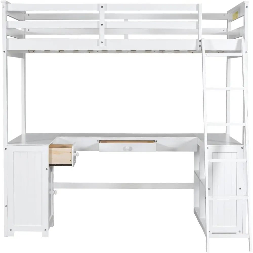Merax Twin Size Loft Bed, Wood Twin Loft Bed Frame with U-Shaped Desk, Cabinet, Drawers and Storage Shelves, White