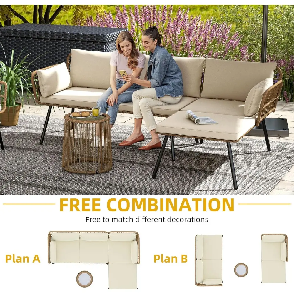 3 Pieces Patio Furniture Set, Wicker Conversation Sectional Sofa, L-Shaped Sofa with 4 Seater for Backyard, Porch, Boho Detacha