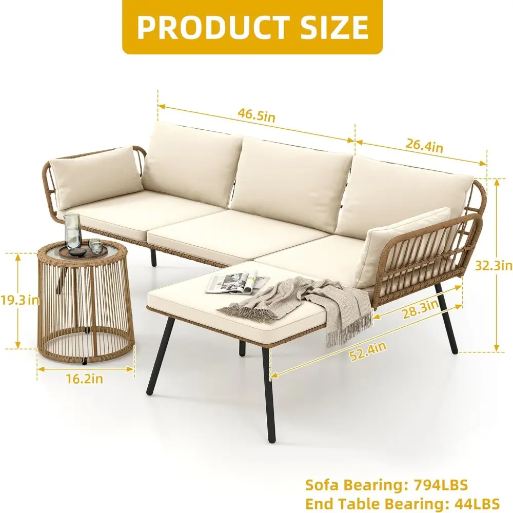 3 Pieces Patio Furniture Set, Wicker Conversation Sectional Sofa, L-Shaped Sofa with 4 Seater for Backyard, Porch, Boho Detacha