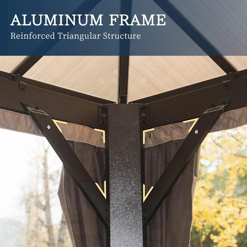 Aluminum Outdoor Gazebo, 12x12 Feet, with Double Polycarbonate Roof, Curtains, and Netting for Permanent Pavilion Use