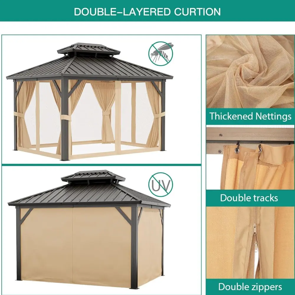 Aluminum Framed 12x10 Hardtop Gazebo with Double Roof, Netting, and Curtains for Outdoor Garden and Patio Pavilion