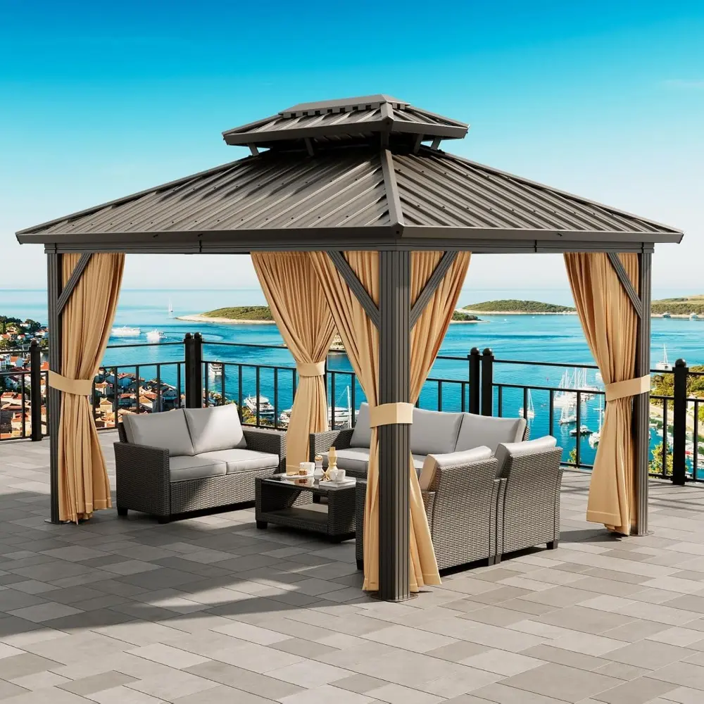Aluminum Framed 12x10 Hardtop Gazebo with Double Roof, Netting, and Curtains for Outdoor Garden and Patio Pavilion