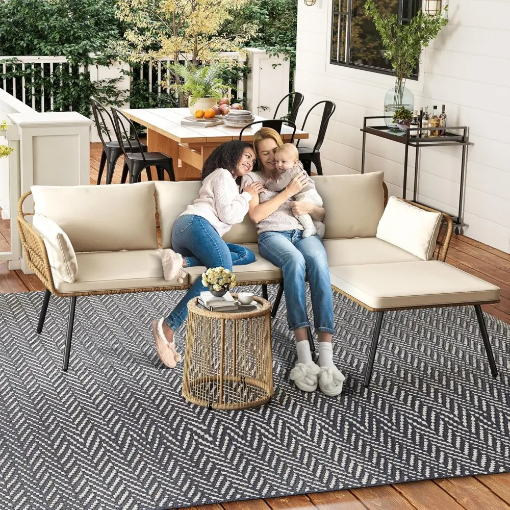 3 Pieces Patio Furniture Set, Wicker Conversation Sectional Sofa, L-Shaped Sofa with 4 Seater for Backyard, Porch, Boho Detacha