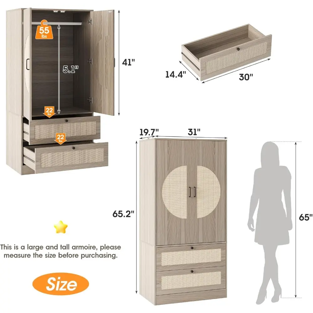Modern Boho Wardrobe Closet, 65"H Wooden Rattan Bedroom Armoires with Door, 2 Drawers and Hanging Rod, Freestanding Large Capac
