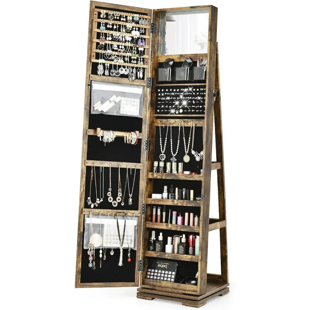Rustic Brown 360° Rotatable Jewelry Armoire Lockable Jewelry Cabinet Organizer Full Length Make-Up Mirror Large Storage Space F